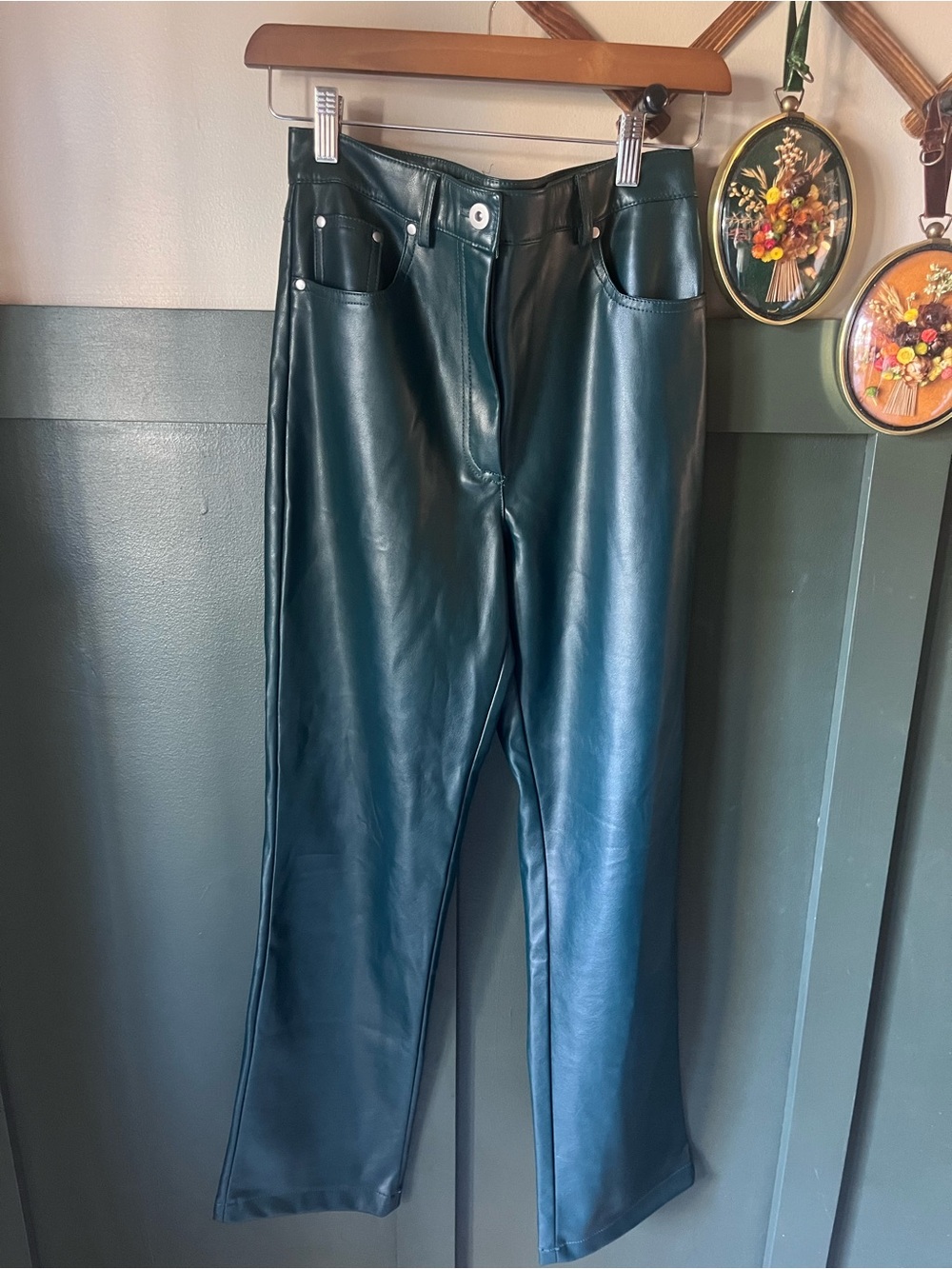 7 For All Man Kind High-Rise Faux Leather pants in Deep Green